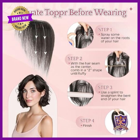 Real Human Hair Topper with Side Bangs, Hand-Tied Base, 9x12.5cm main image 4